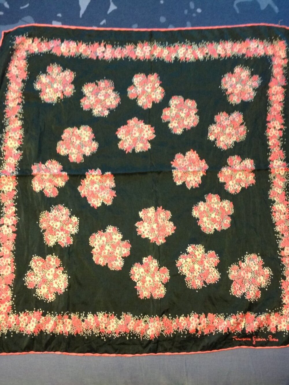 Vintage Francoise Guerin - Paris Square Floral Print Pink Black Scarf